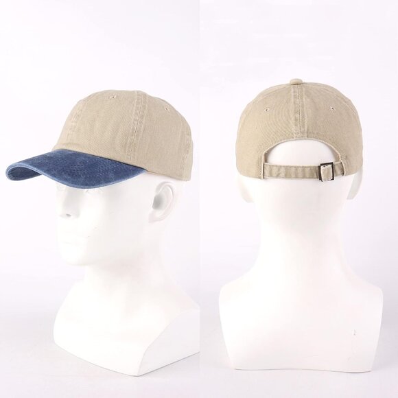 Unisex Khaki + Denim Blue Baseball Cap Cotton Fits Washed Denim Adjustable Hat - Picture 4 of 6